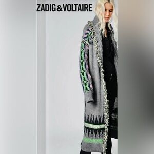 Zadig & Voltaire RUNWAY ELLINA WO INTARSIA HORSE FRINGED LONG CARDIGAN NWT XS/S